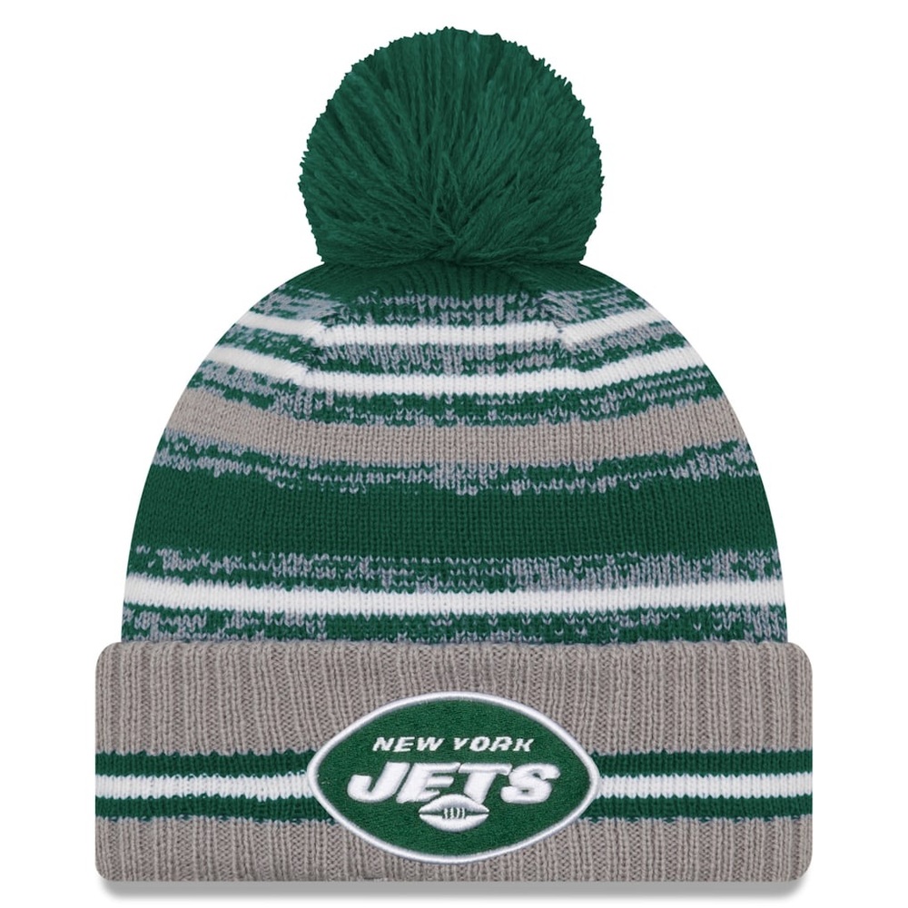 Men's New Era Gray New York Jets 2021 NFL Sideline Sport Pom Cuffed Knit Hat